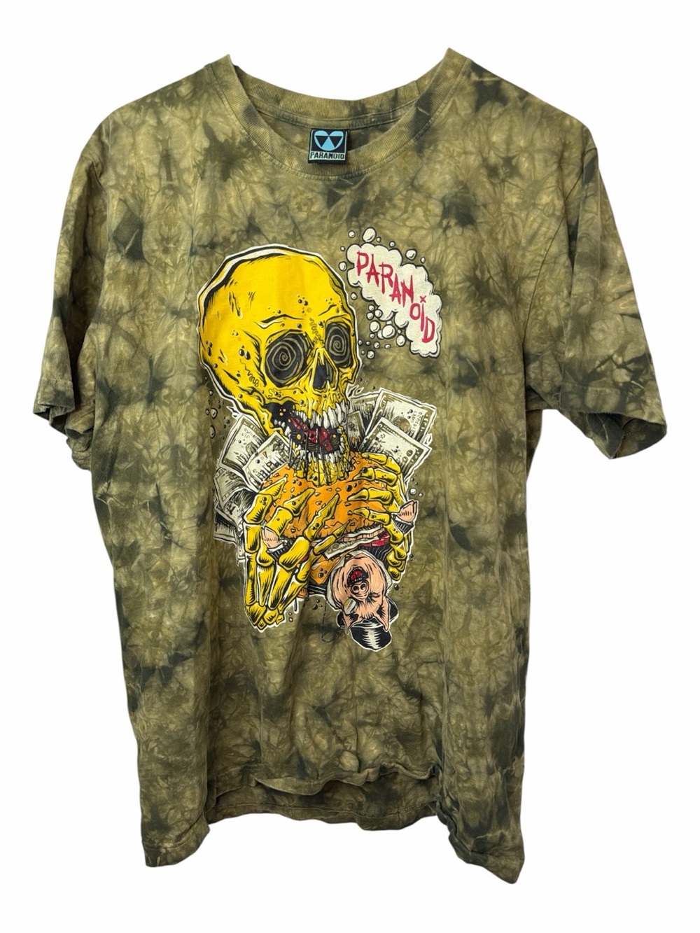 Paranoid Men’s Olive Tie-Dye Tee with Yellow Skull Graphic